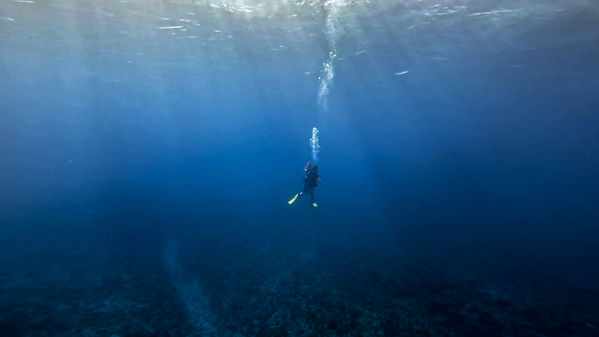 Scuba diver suspended in the middle of an expansive blue ocean